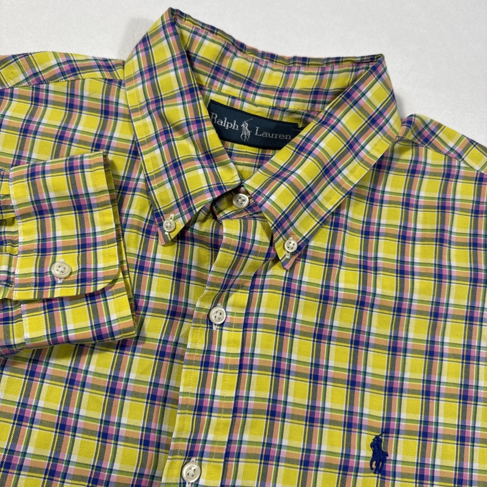 Ralph Lauren Shirt Men's XL Yellow Blue‎ Plaid Long Sleeve Button Down Colorful